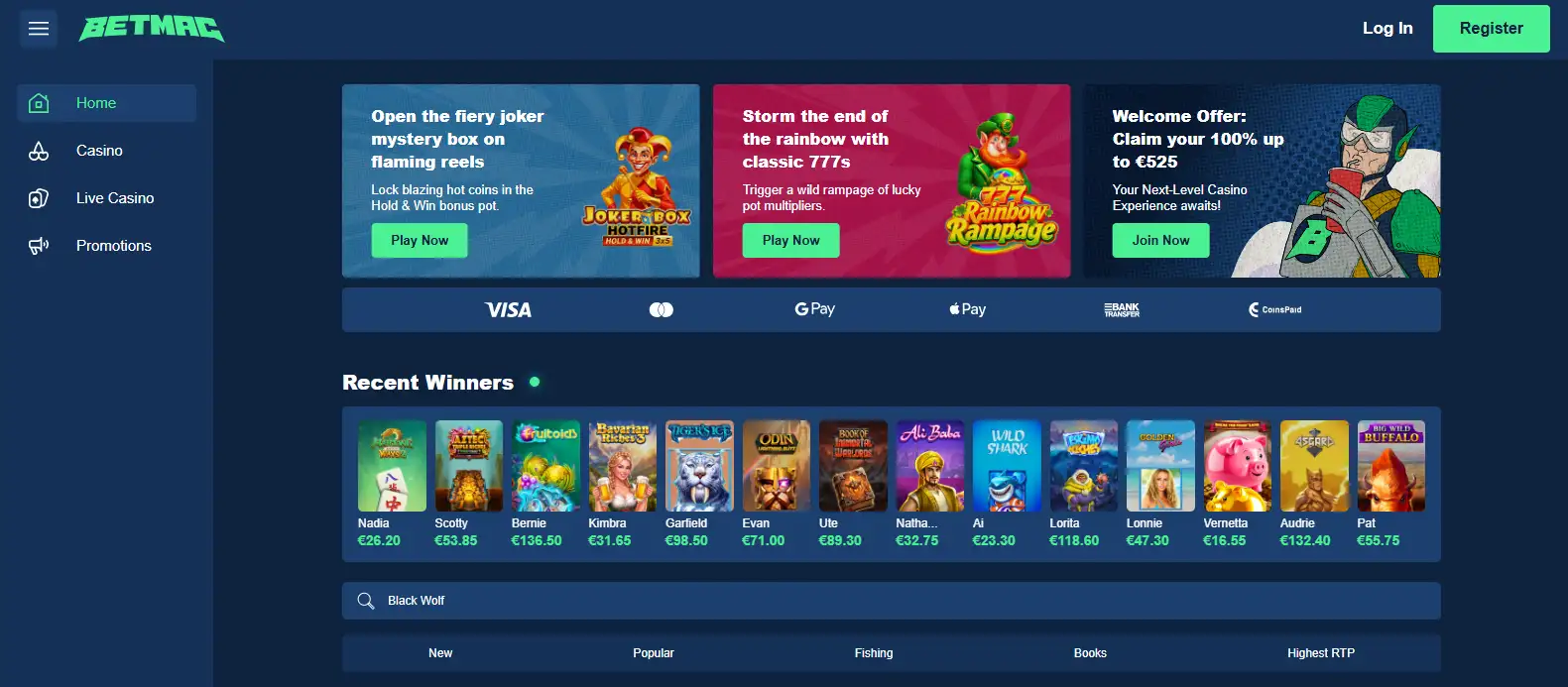 Current Betmac homepage or casino lobby interface
