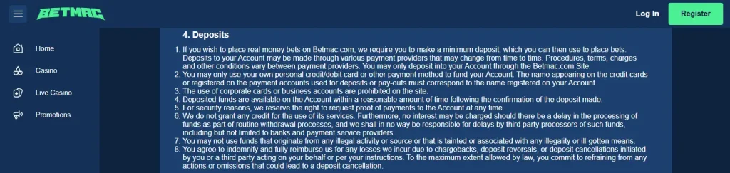 Betmac deposit cashier showing current funding options
