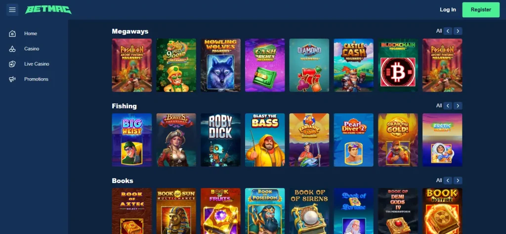 Current Betmac casino lobby showing game categories and providers