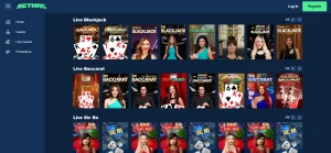 Current Betmac live casino lobby with dealer table categories
