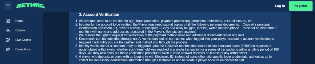Current Betmac verification screen or KYC request inside an authenticated account